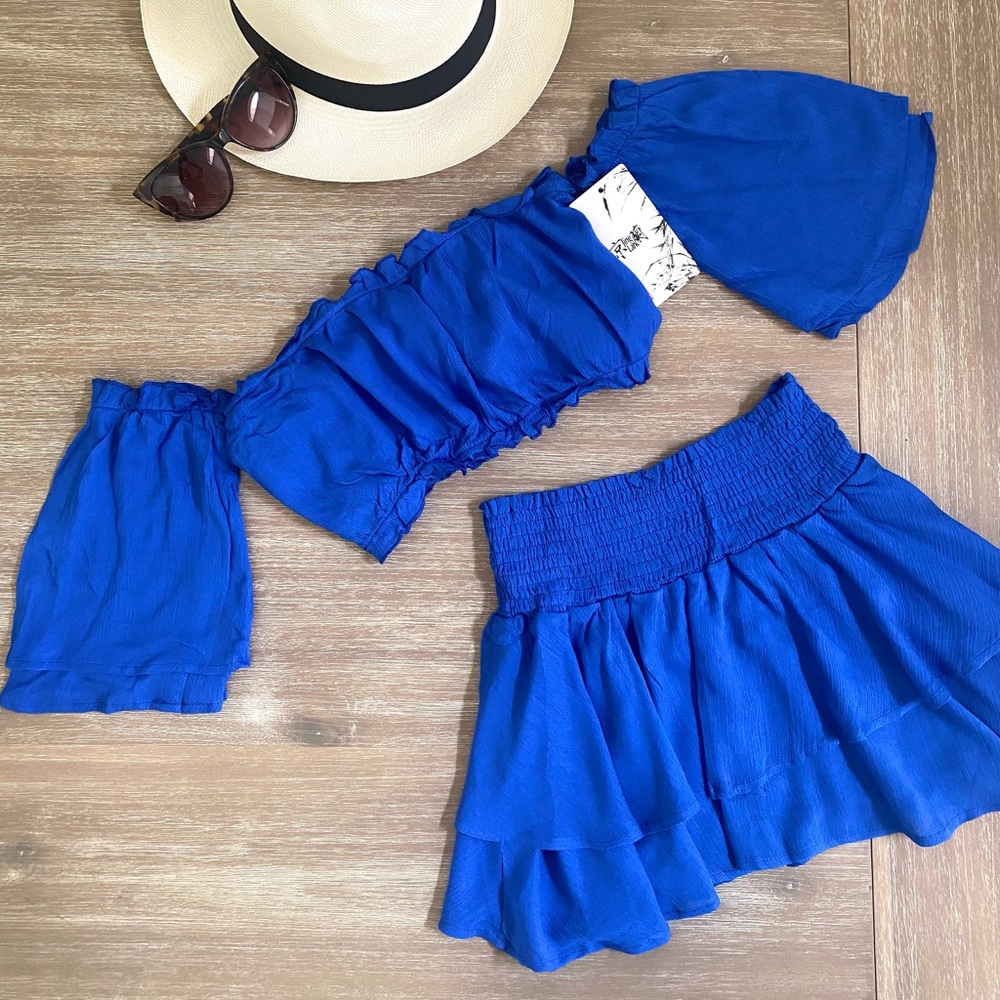 Isla Posh Summer Mini Skirt Off Shoulder Top in Royal Blue